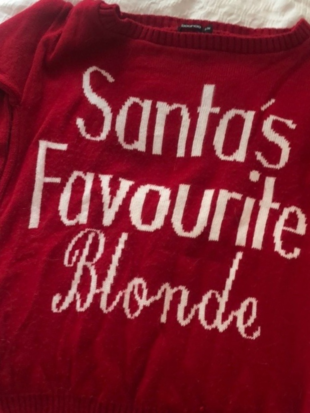 Boohoo Santa’s Favourite Blonde Christmas Sweater Medium Good Condition
